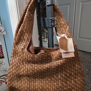 Brown Woven Leather Hobo Bag